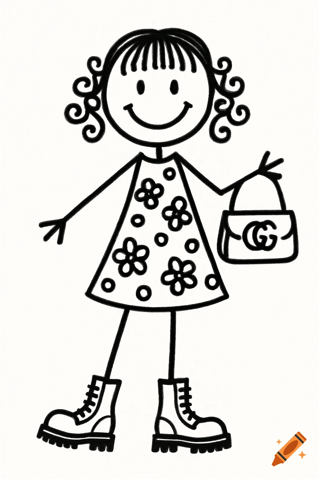 A black and white stick figure girl with curly hair, wearing a patterned dress, boots, and holding a double G logo handbag.