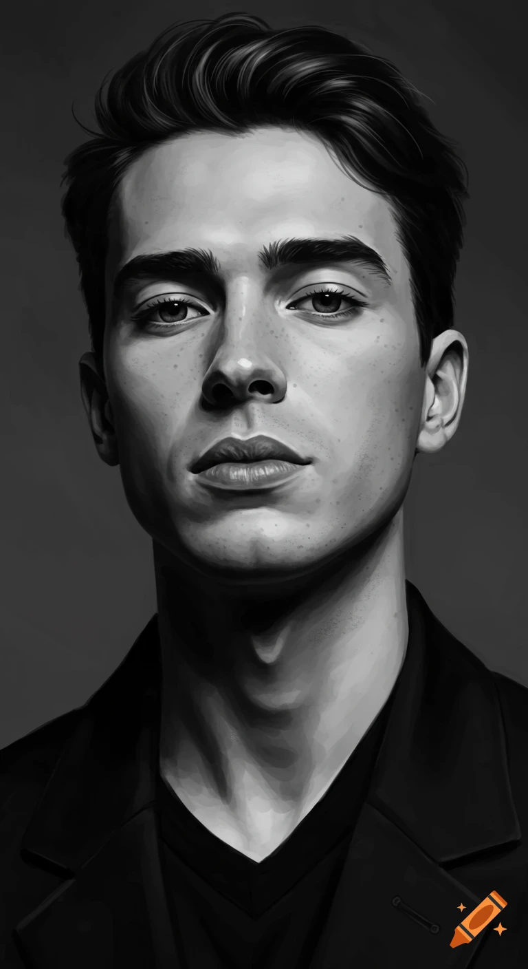Close-up black and white portrait of a young man with dark hair, looking directly at the viewer with a neutral expression. The image has a painterly, realistic style with dramatic studio lighting.