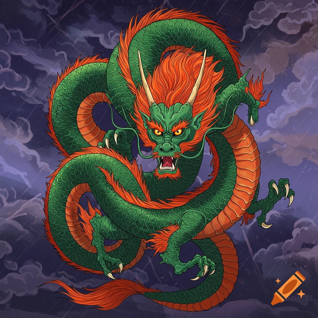 A vibrant green and orange Japanese dragon with white horns and yellow eyes, coiled against a stormy, cloudy sky with rain.