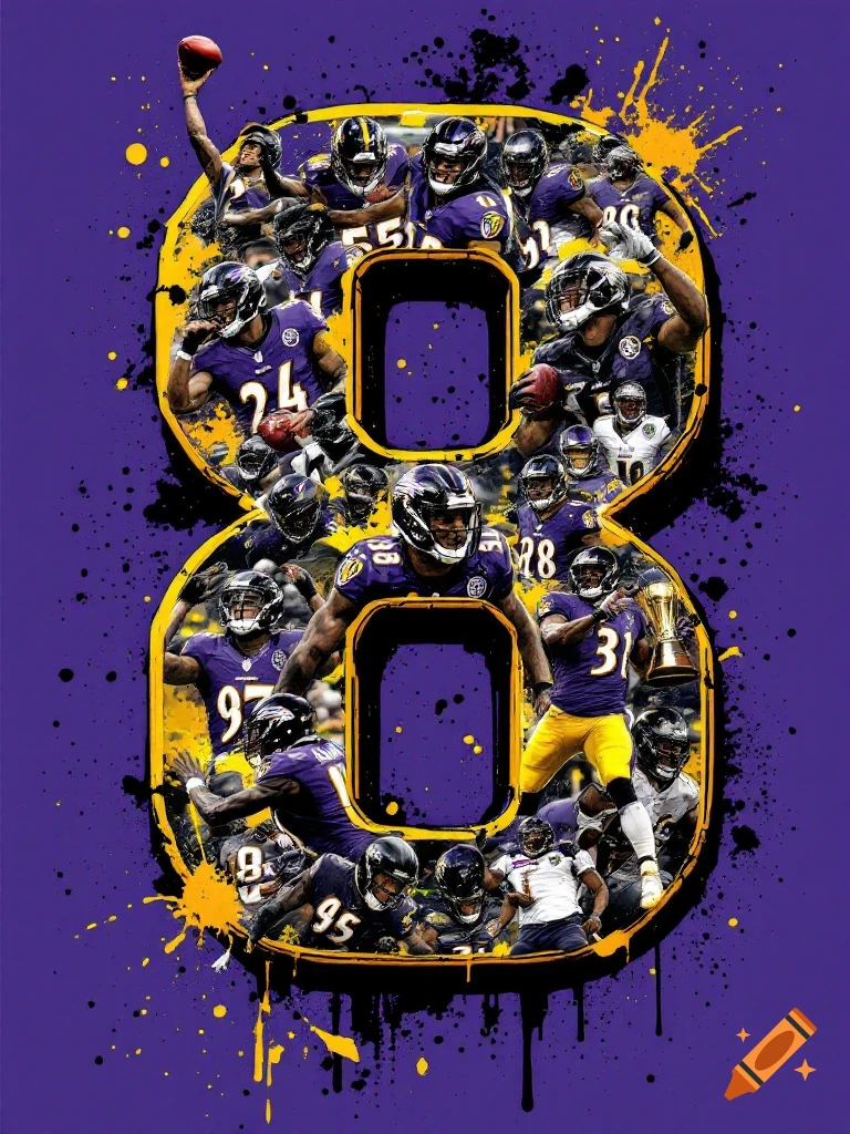 A large number 8 filled with action shots of Baltimore Ravens football players, with purple and gold paint splashes on a purple background.