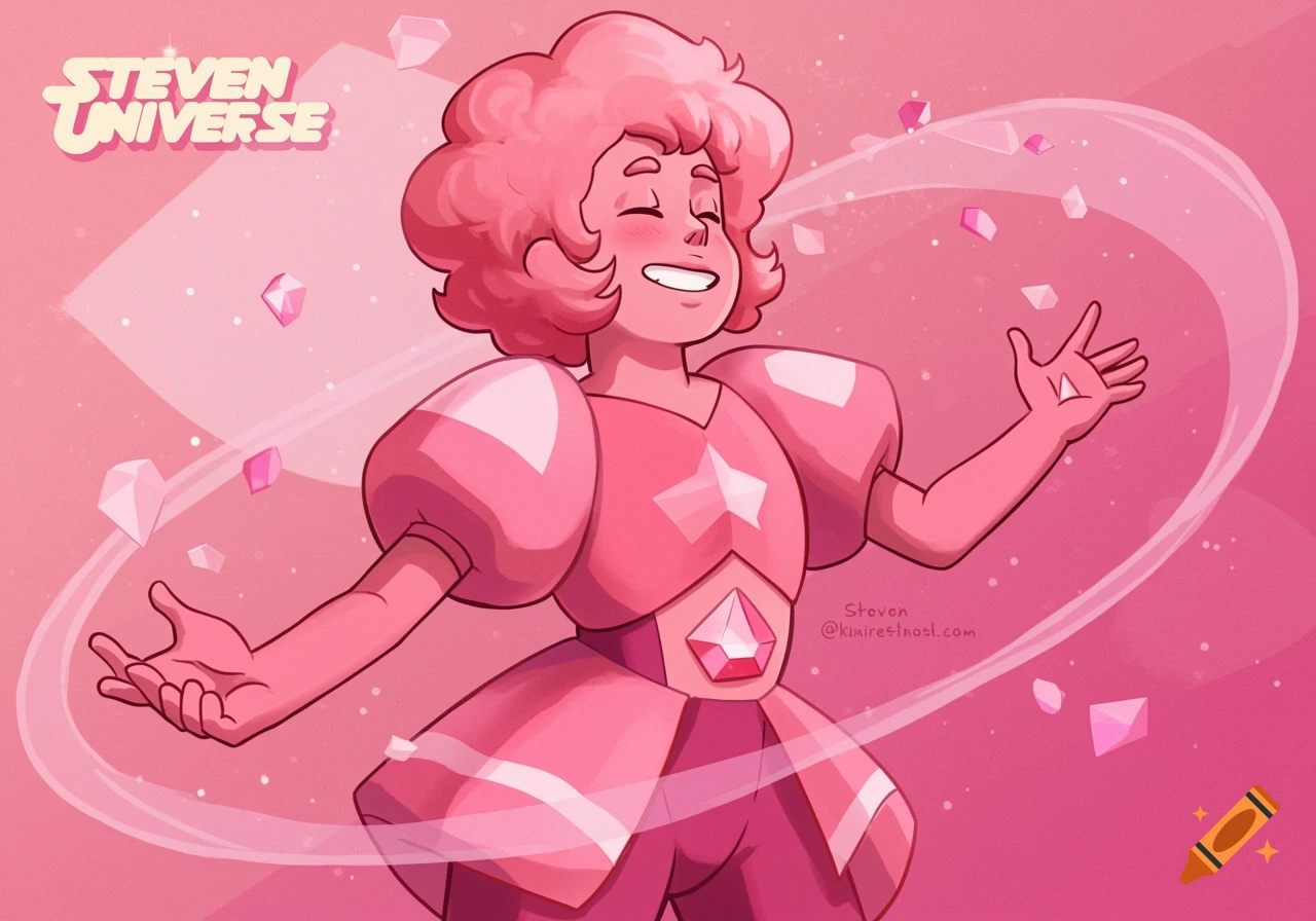 Pink Diamond/Rose Quartz from Steven Universe in a pink outfit, smiling with eyes closed, surrounded by floating diamonds.