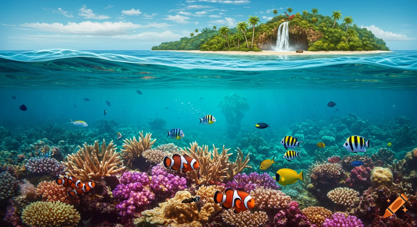 Vibrant coral reef with colorful fish in clear blue water, with a tropical island, palm trees, and waterfall visible above.