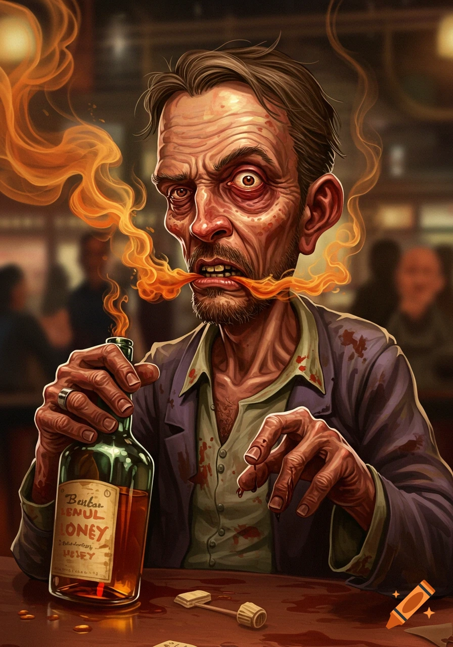 An exaggerated illustration of a disheveled man with bloodshot eyes and a pained expression, holding a whiskey bottle, with fire-like smoke coming from his mouth, depicting alcohol's toll.
