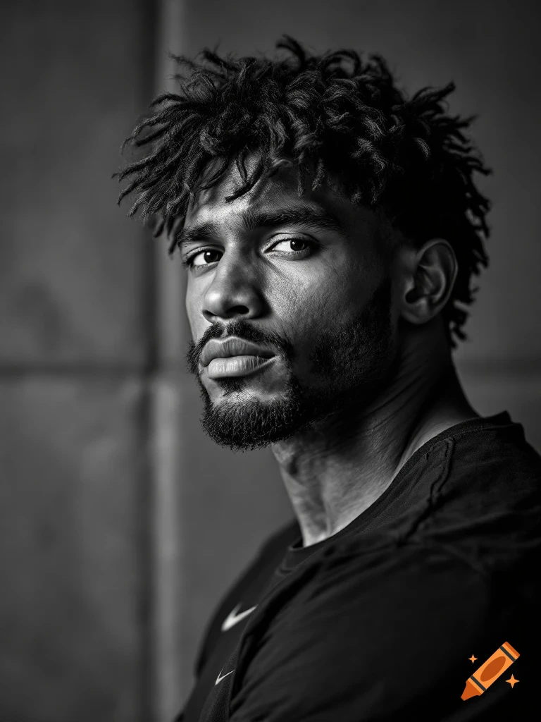 A photorealistic, high-contrast black-and-white portrait of a man with dreadlocks and a beard, wearing a Nike t-shirt, looking intensely at the viewer.