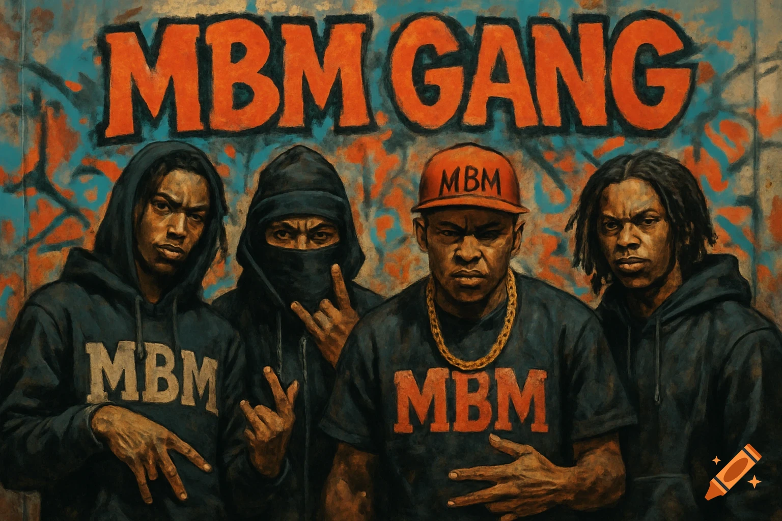 A painted portrait of four men in urban attire, including hoodies and a baseball cap, posing in front of a graffiti-covered wall with "MBM GANG" written on it.
