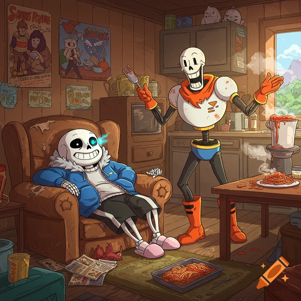 Cartoon image of Sans and Papyrus from Undertale in their house. Sans relaxes in an armchair while Papyrus happily presents spaghetti.