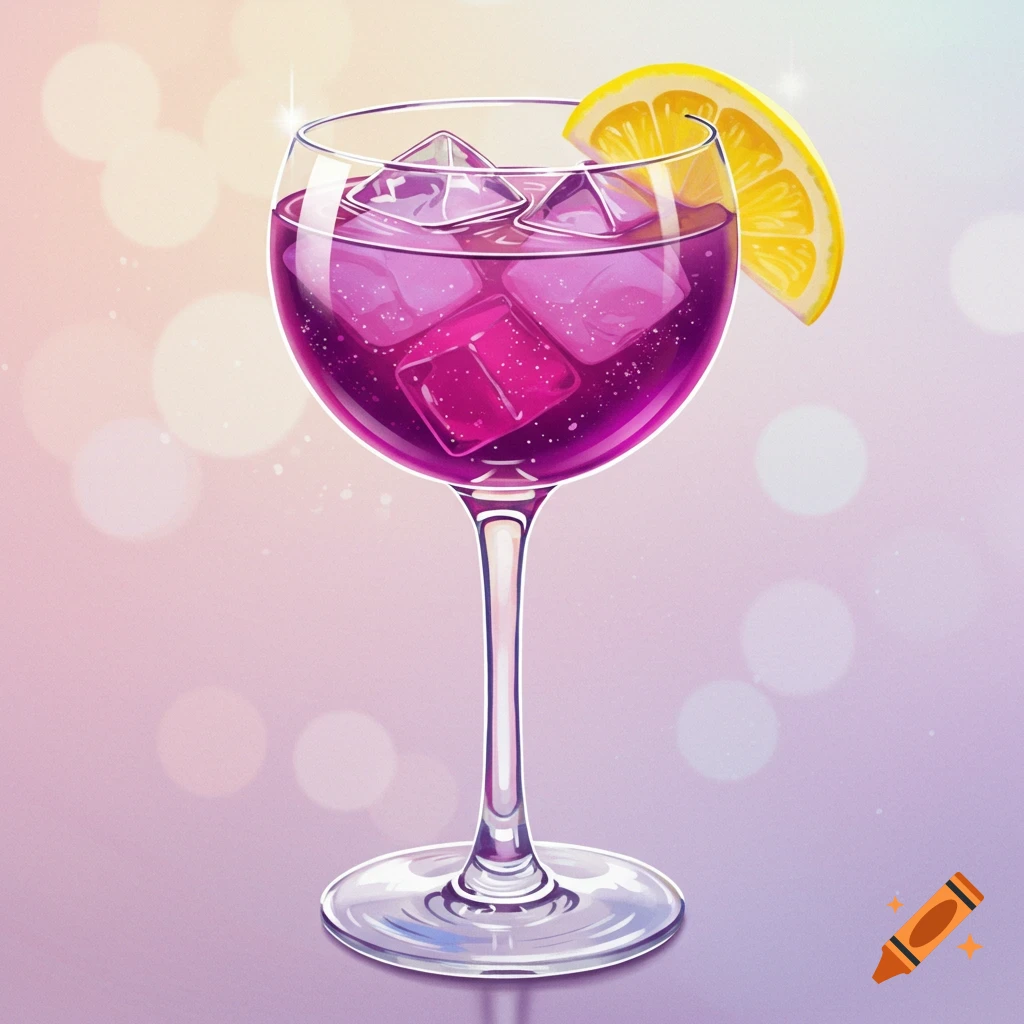 A purple cocktail with ice and a lemon slice in a wine glass against a blurred, light background.