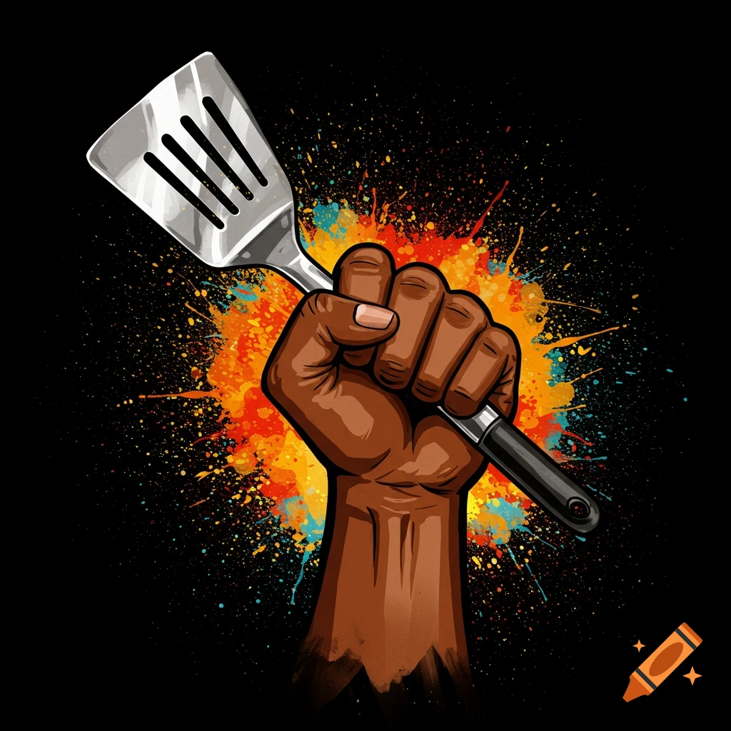A stylized dark-skinned fist holding a metal spatula, with colorful paint splatters in the background.