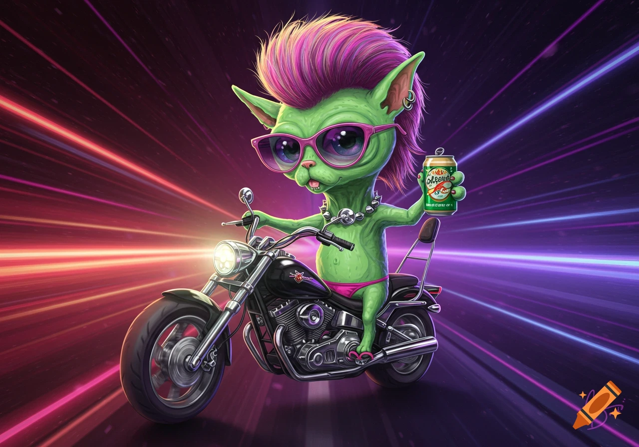 Cartoon alien with a pink mohawk and sunglasses rides a motorcycle, holding a beer can amidst neon light streaks.