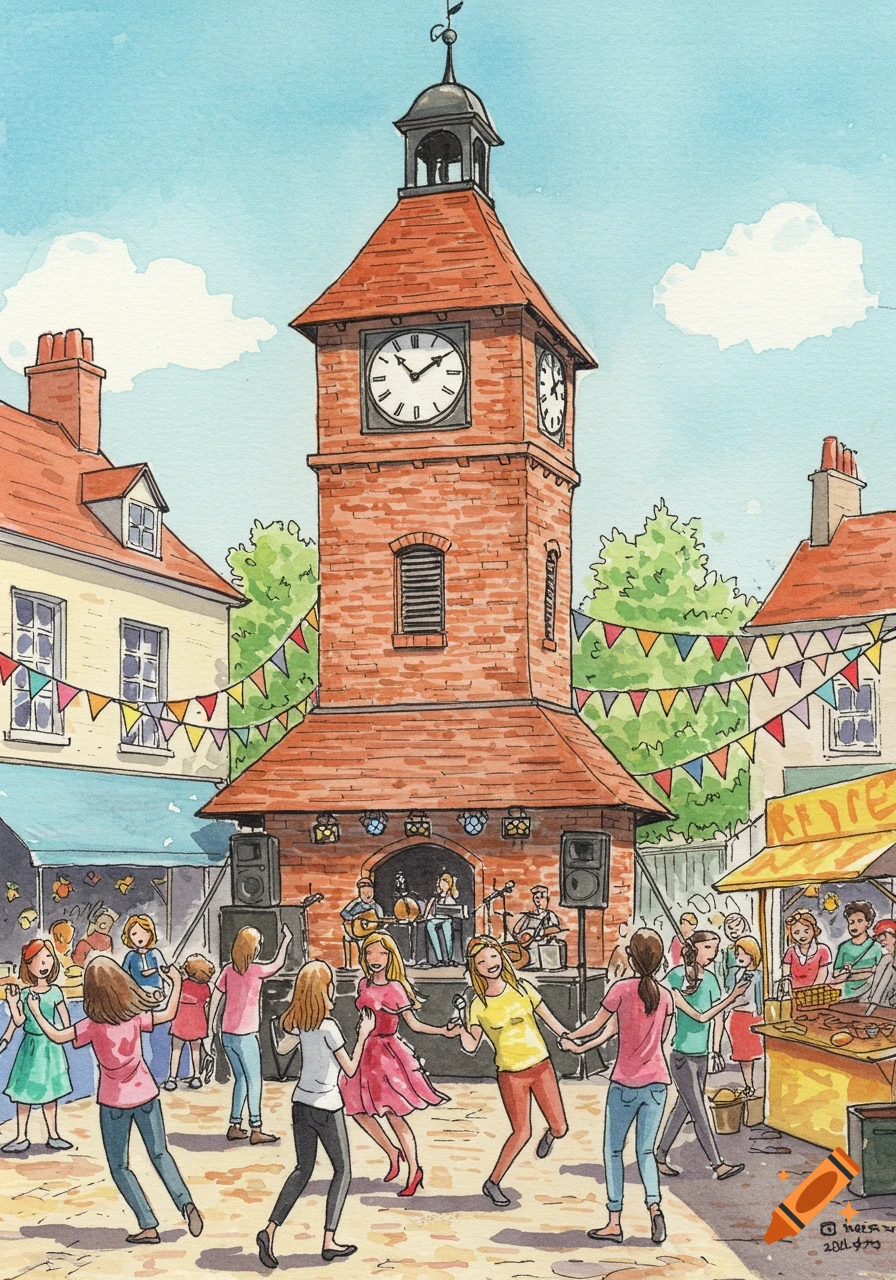 A sketch-style watercolor illustration of a lively summer street music festival in a quaint European town with a central brick clock tower, people dancing, colorful bunting, and food vendors.