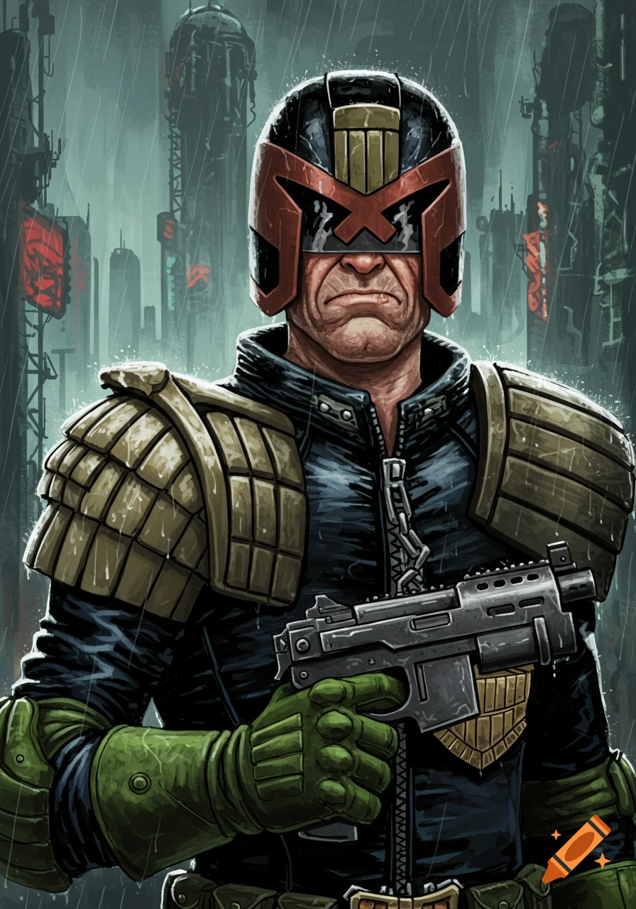 An illustration of Judge Dredd in full armor and helmet, holding a gun in the rain with a futuristic city background.