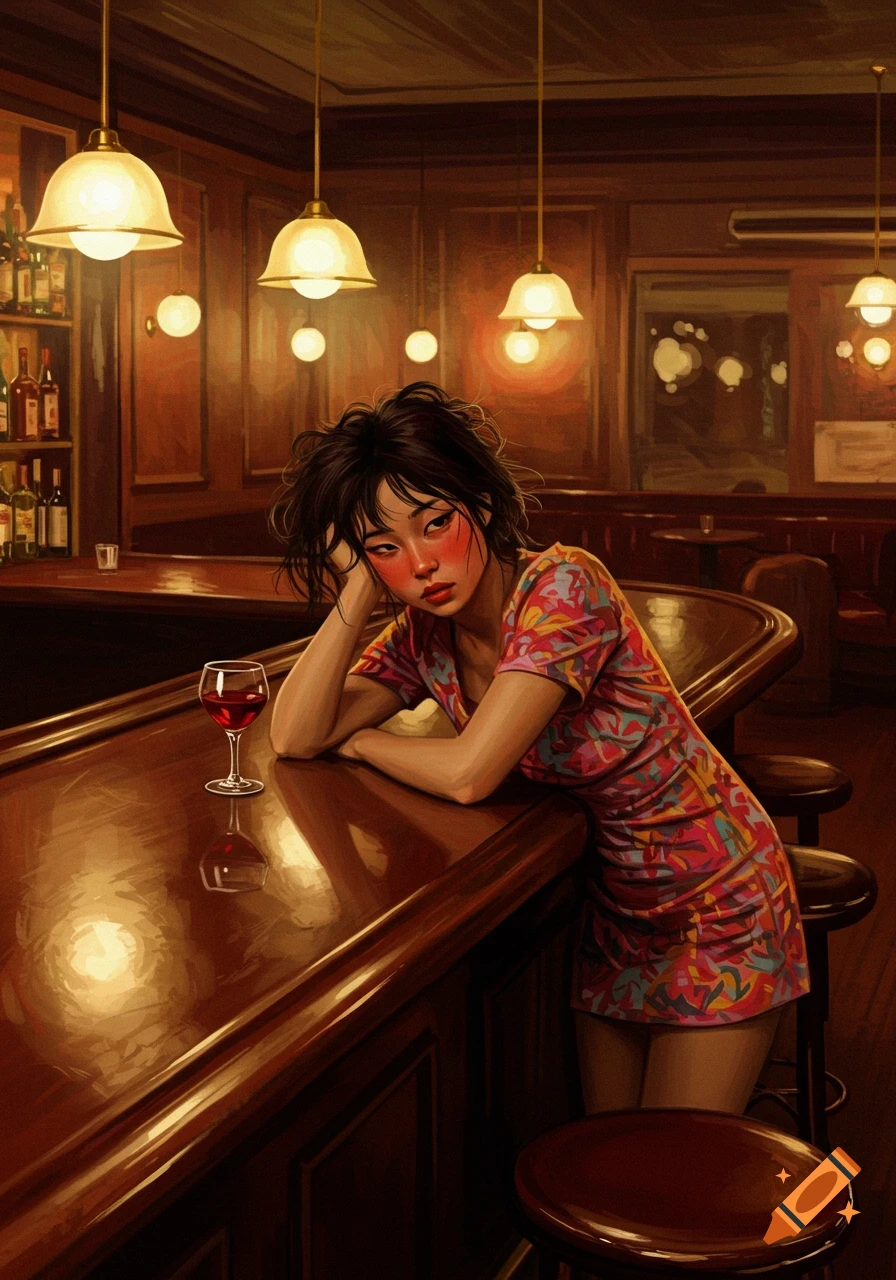 A woman with red cheeks and disheveled hair leans on a bar counter next to a glass of red wine in a dimly lit bar, in a painted style.