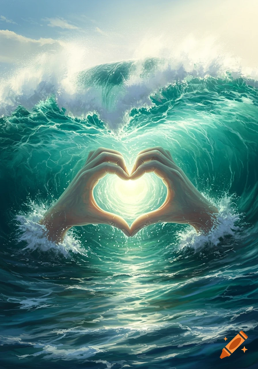 Two hands form a heart shape in the center of a giant crashing ocean wave, with a bright light emanating from within the heart. Digital art.