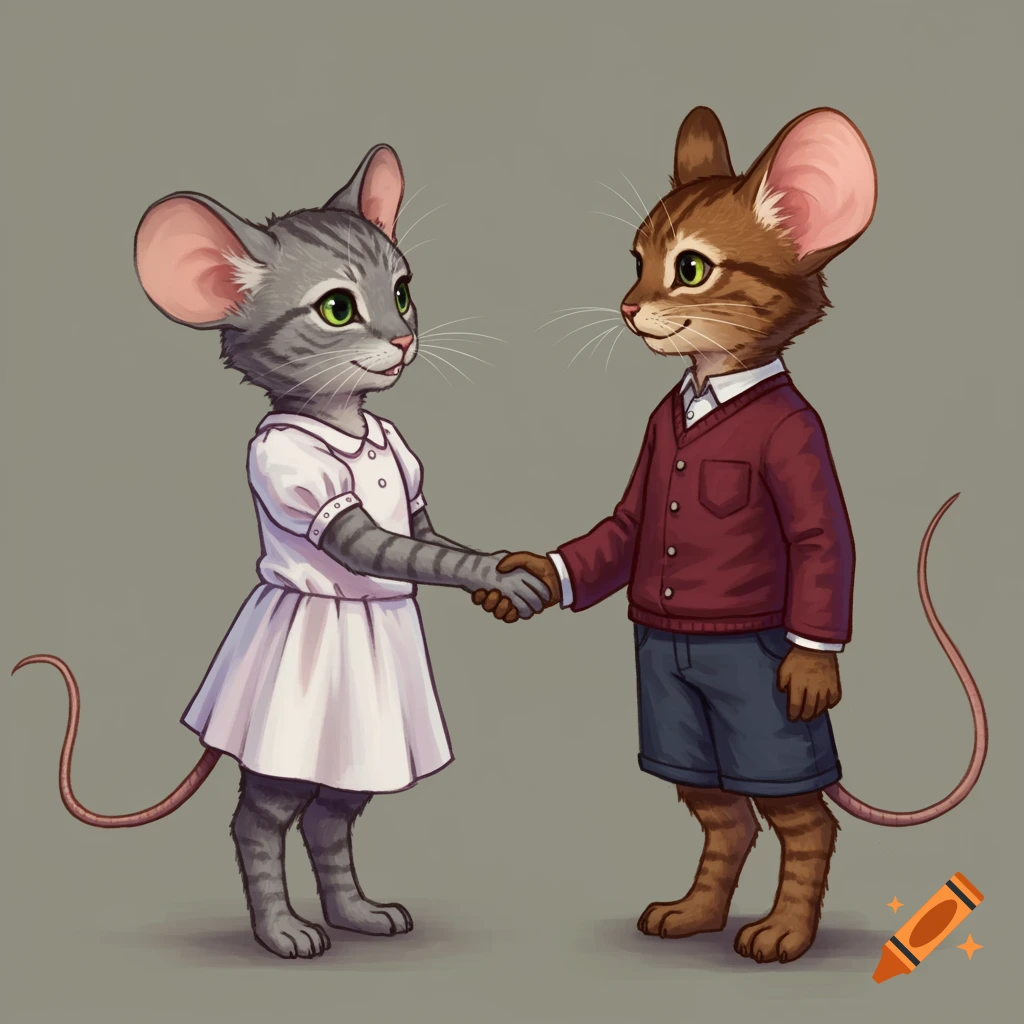 An anthropomorphic grey mouse in a white dress shakes hands with an anthropomorphic brown tabby cat in a red sweater and blue shorts.