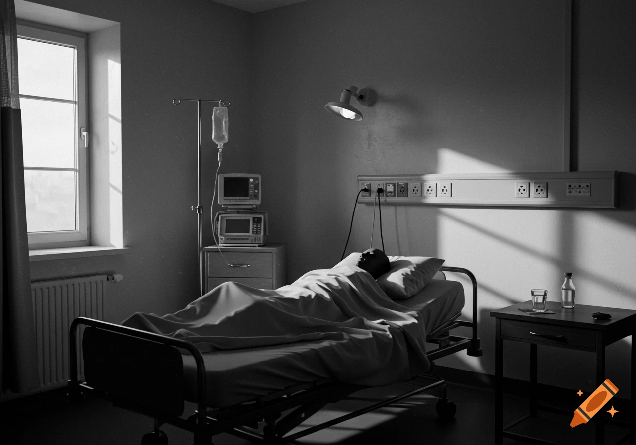 Black-and-white photo of a hospital room with a patient in bed, an IV drip, and medical monitors.