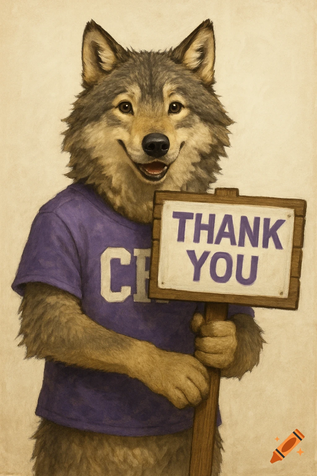 A friendly wolf wearing a purple t-shirt with "CR" on it, holding a wooden sign that says "THANK YOU" in purple letters, in an illustrative style.