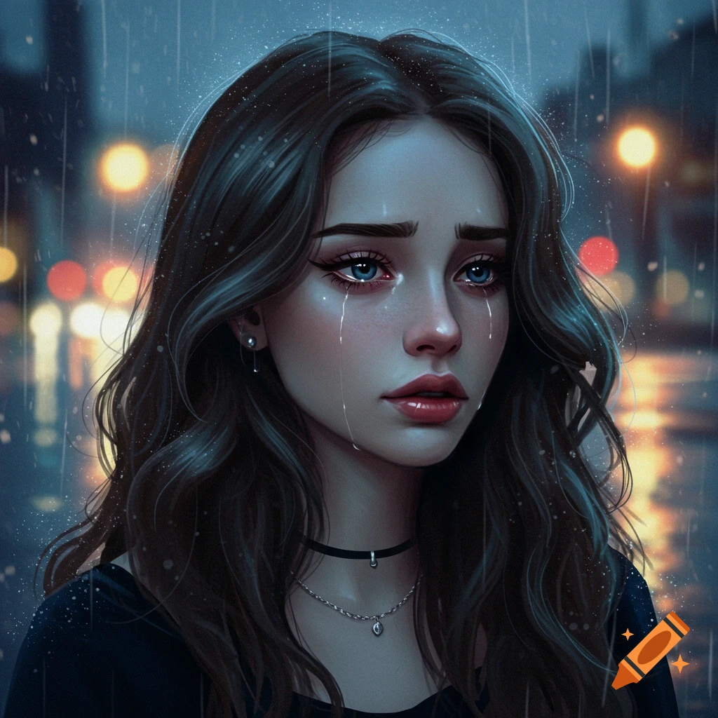 Stylized digital art portrait of a young woman crying in the rain at night, with blurry city lights in the background.