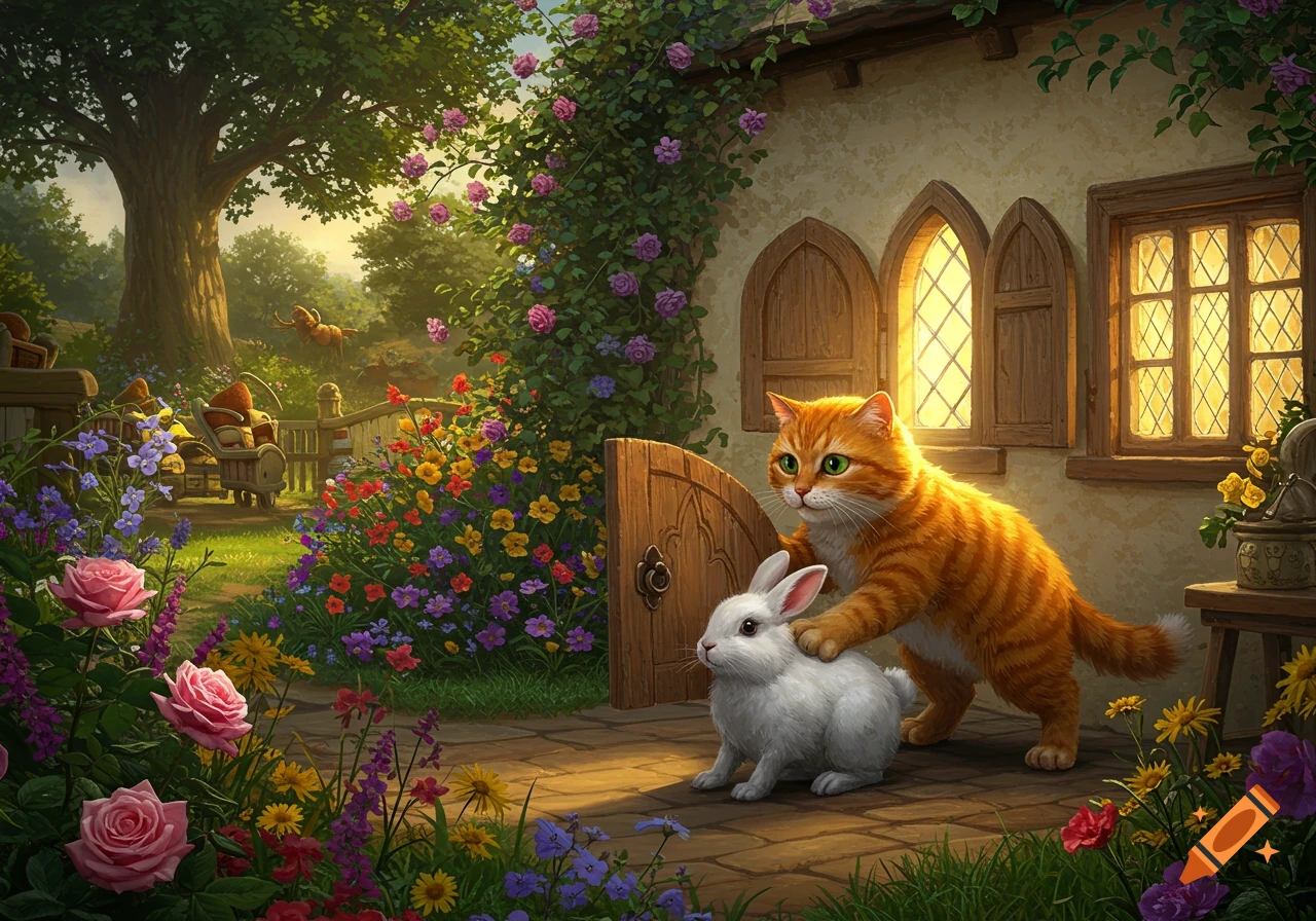 An orange tabby cat gently pushes a white rabbit through a wooden flap door in a vibrant, whimsical cottage garden.