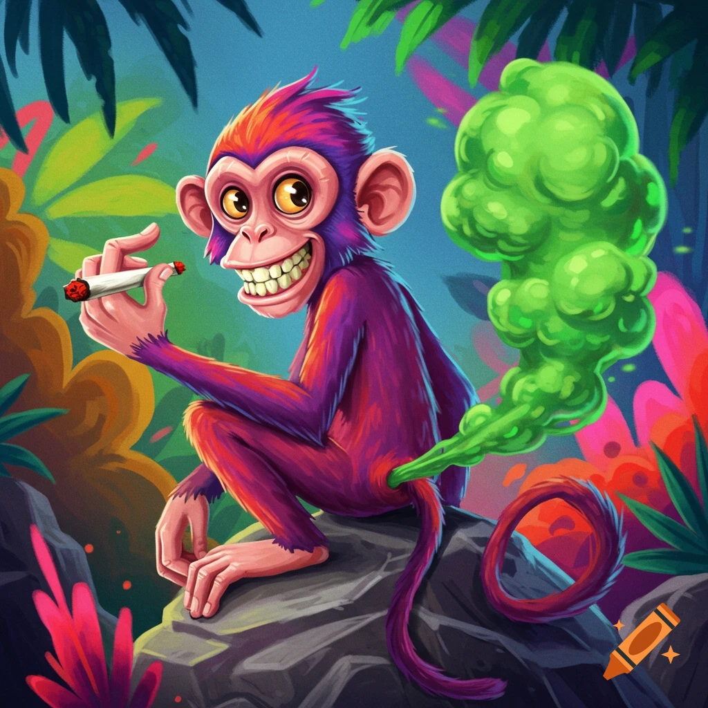 A vibrant cartoon monkey with big eyes and a wide smile sits on a rock ...