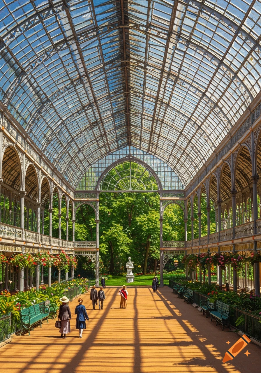 A long, grand glass and iron conservatory with people walking on a sunny wooden floor, surrounded by lush green trees and hanging flowers.