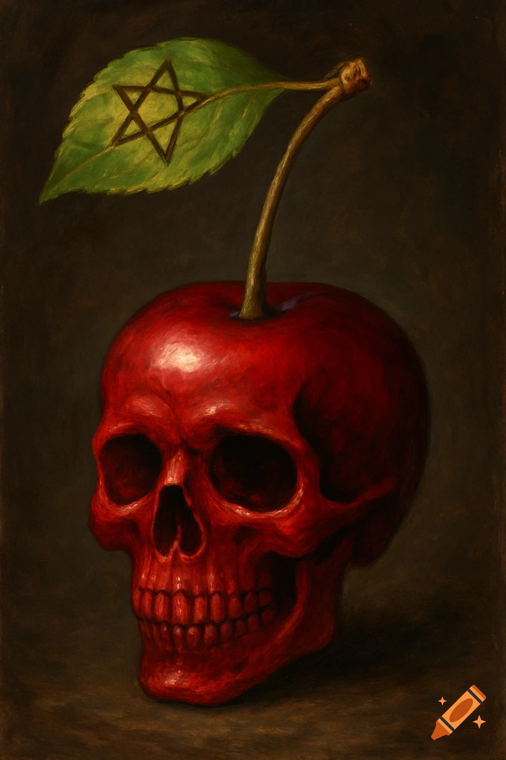 A surreal, macabre painting of a red skull-shaped cherry with a green leaf featuring a dark hexagram symbol on a dark background.