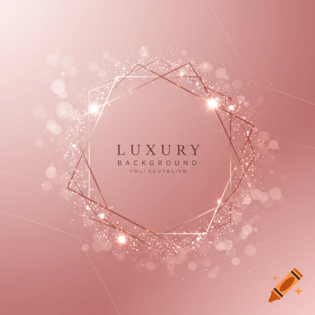 A luxurious rose pink abstract background with a metallic rose gold hexagonal frame, sparkling light particles, and shimmering bokeh.