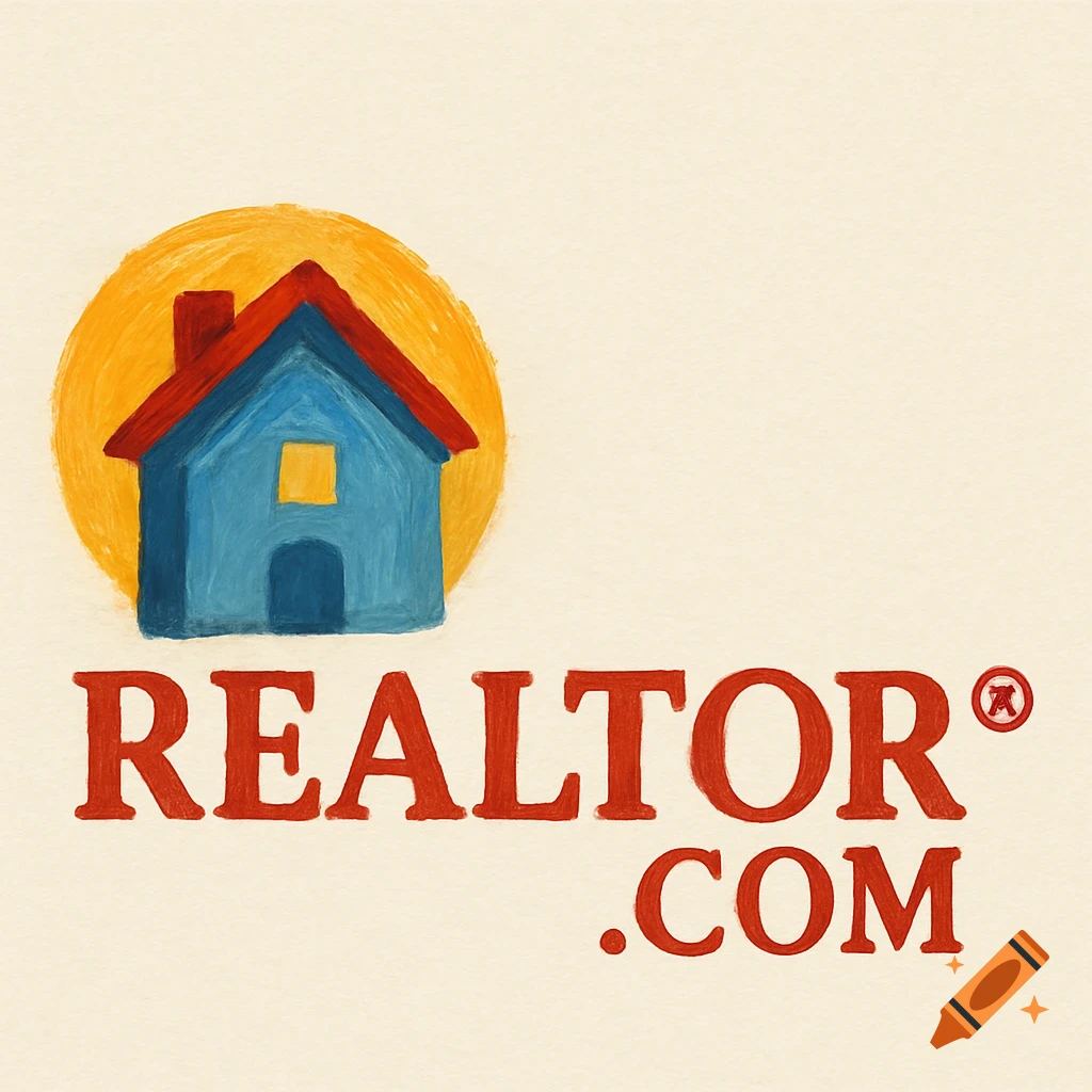 An illustrated logo for Realtor.com featuring a blue house with a red roof against a yellow sun, above the words 'REALTOR .COM'.