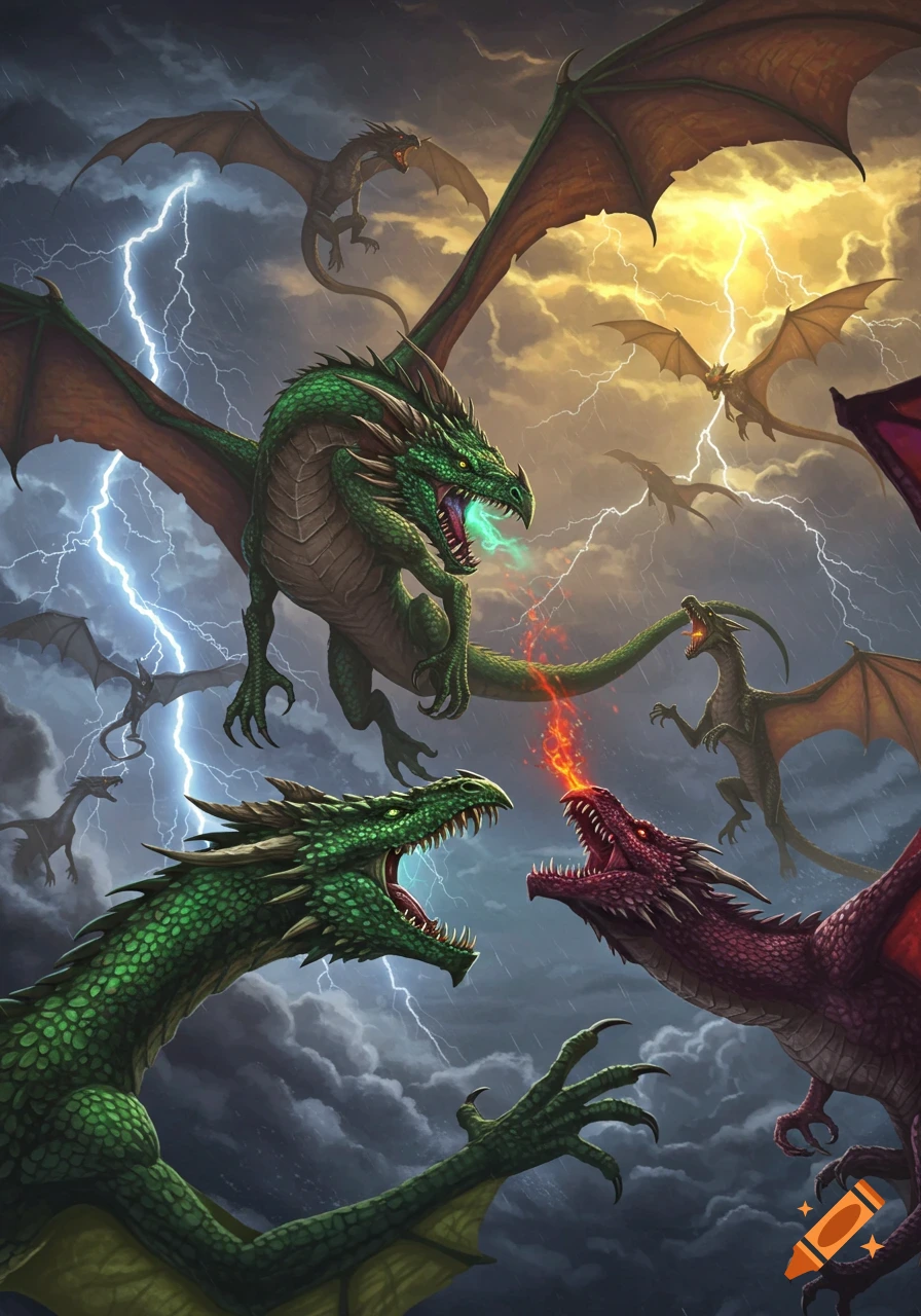 Multiple dragons battling in a stormy sky with lightning, one green dragon breathing green energy, another red dragon breathing fire.
