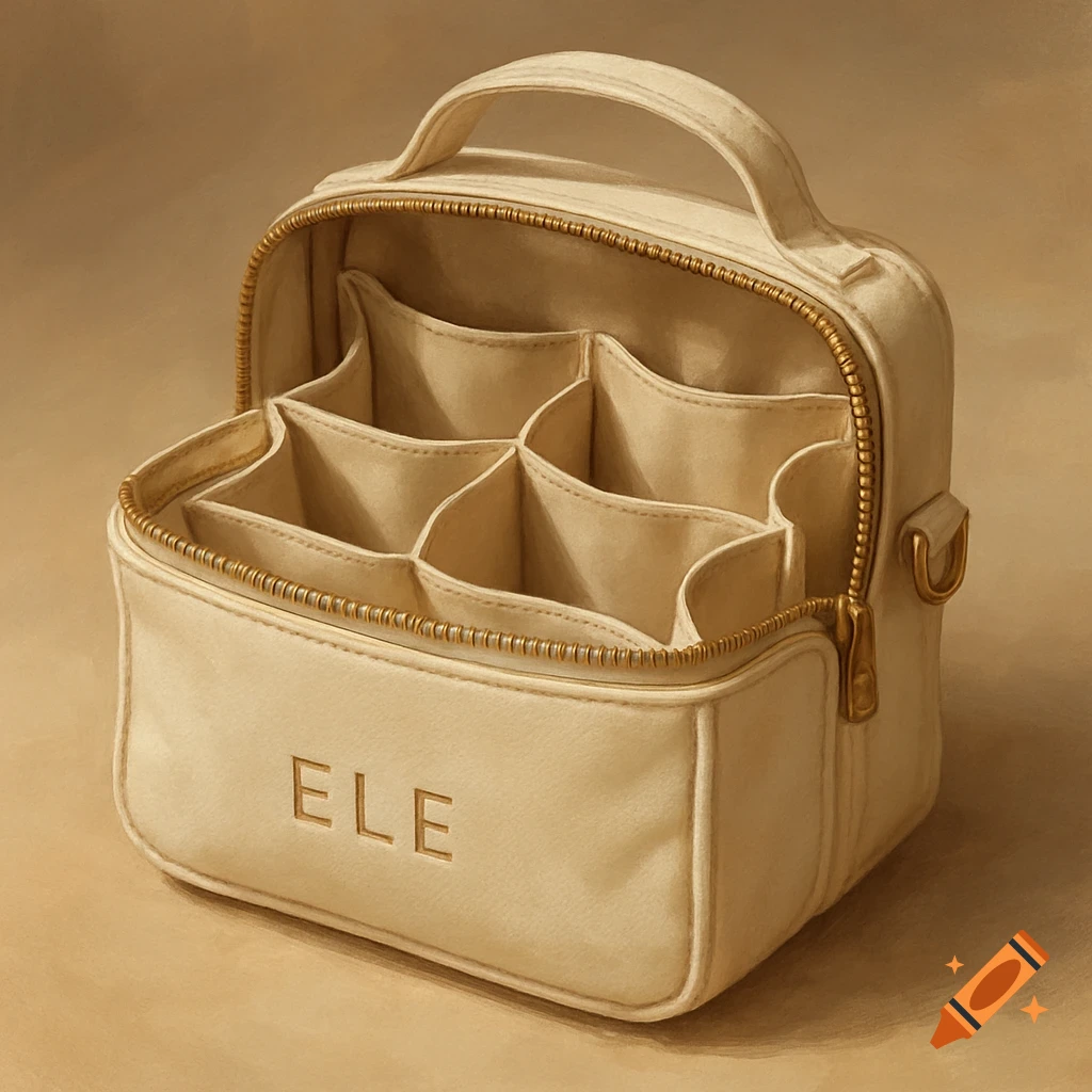 A cream-colored vanity or travel bag with a gold zipper, handle, and an embossed 'ELE' logo, showing six internal compartments.