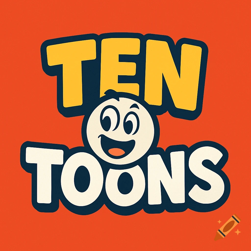 A colorful logo for 'TEN TOONS' featuring a smiling cartoon face between the words, on an orange background.