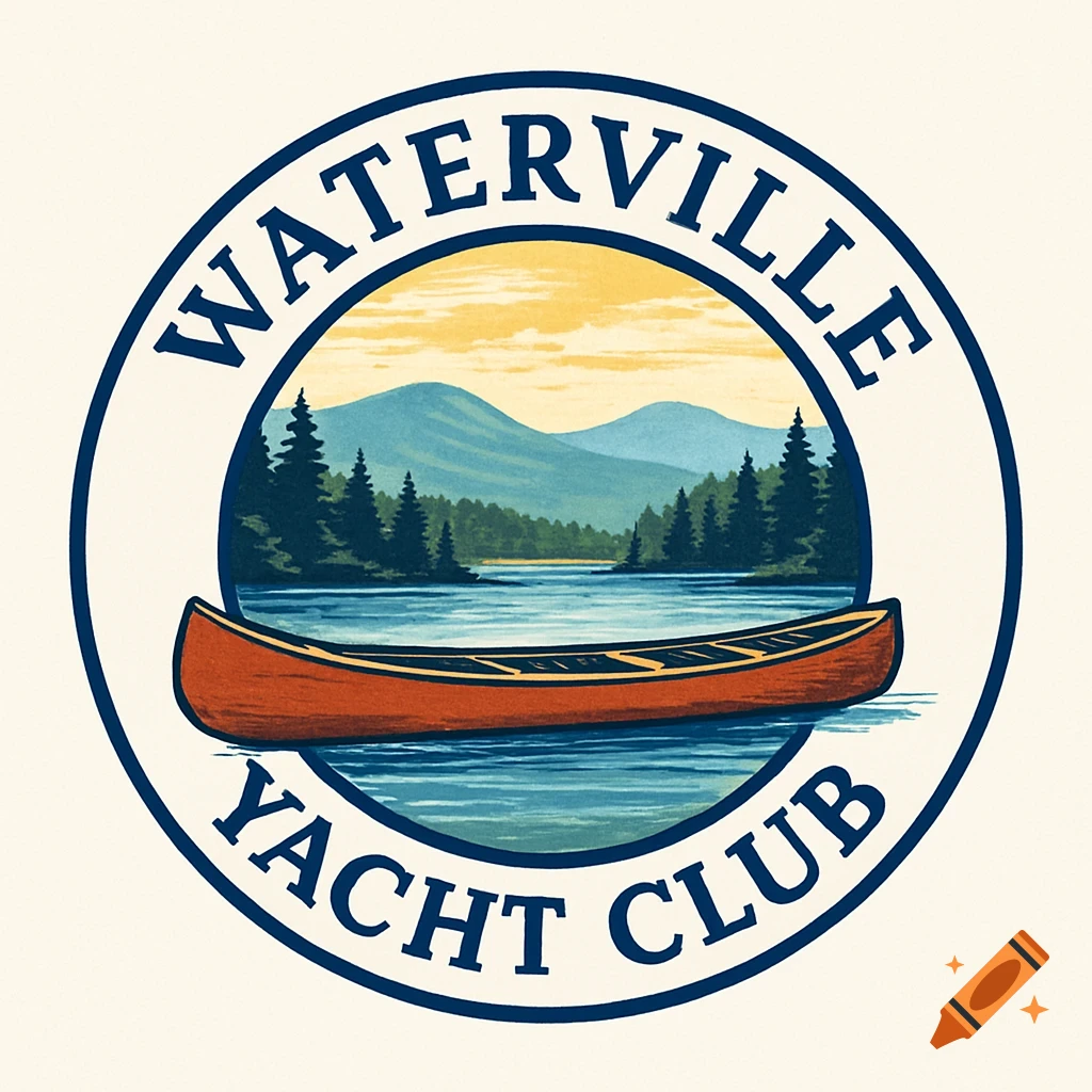 Vintage style logo for Waterville Yacht Club featuring a canoe on a lake with mountains and pine trees.