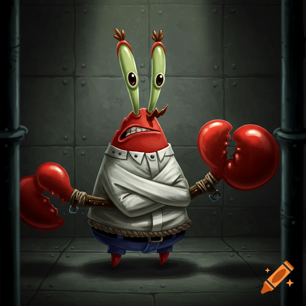 Mr. Krabs from Spongebob Squarepants wears a white straitjacket in a dark, padded cell with an angry expression.