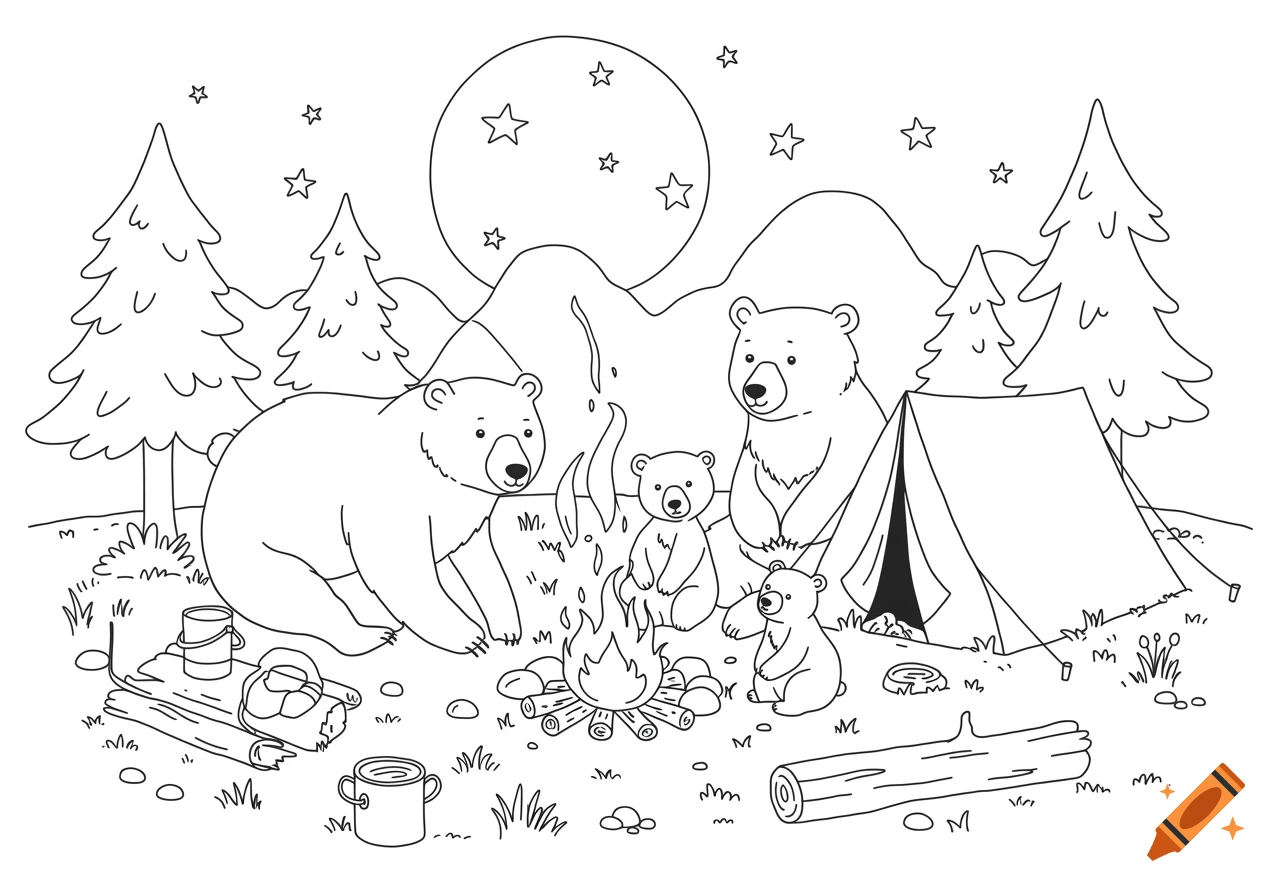 A black and white line art illustration shows a bear family camping in the woods under a starry night sky.