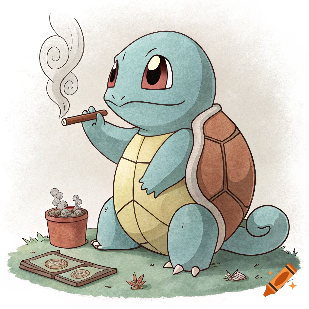 A cartoon Squirtle sits on grass, smoking a cigar, with a smoking plant pot and an open tray nearby.
