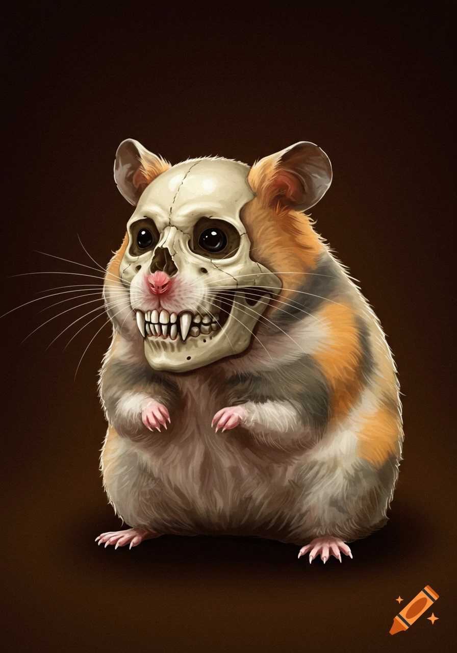 A fluffy, multicolored hamster with a realistic human skull as its head, standing on a dark brown background.