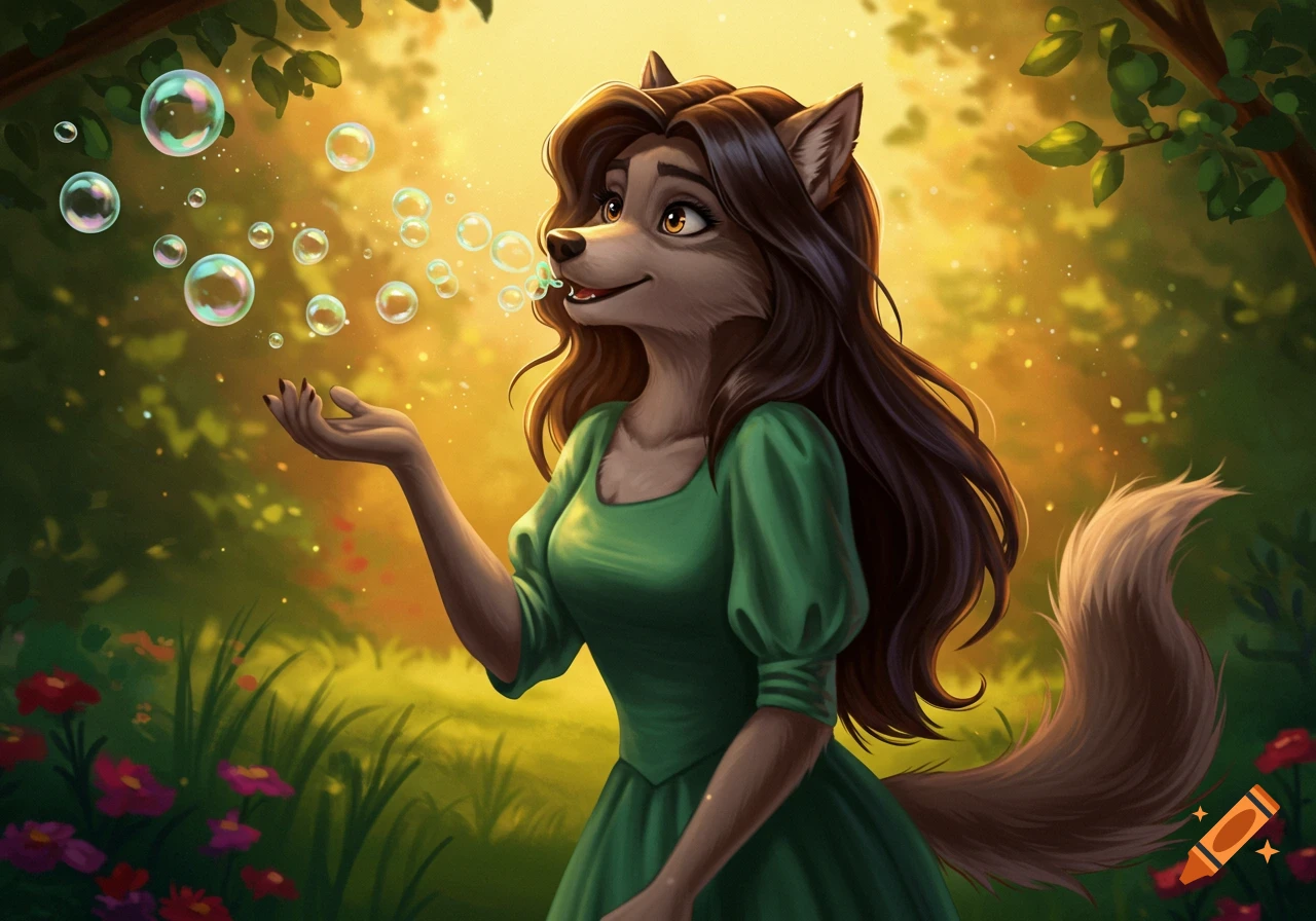 A Disney-style anthropomorphic wolf woman with long brown hair in a green dress blows bubbles in a sunny forest.
