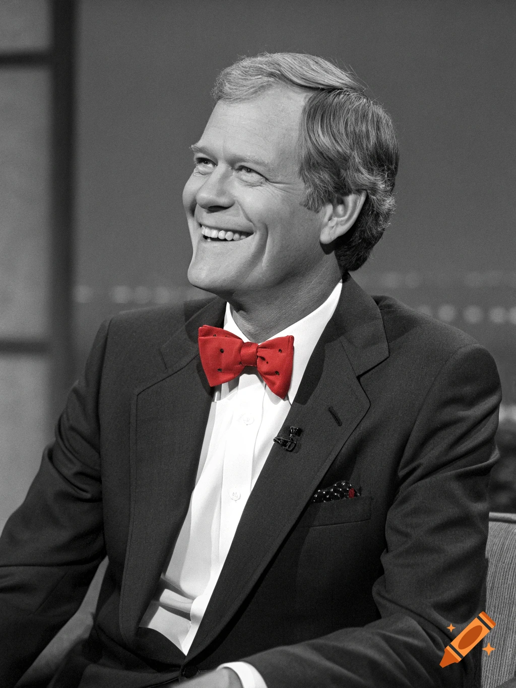 Black and white portrait of David Letterman smiling, wearing a suit and a red polka dot bow tie.