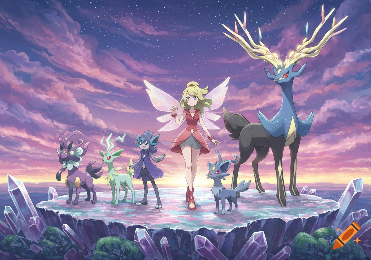 A blonde anime girl with fairy wings stands with several Pokémon on a crystalline plateau under a purple and pink twilight sky.