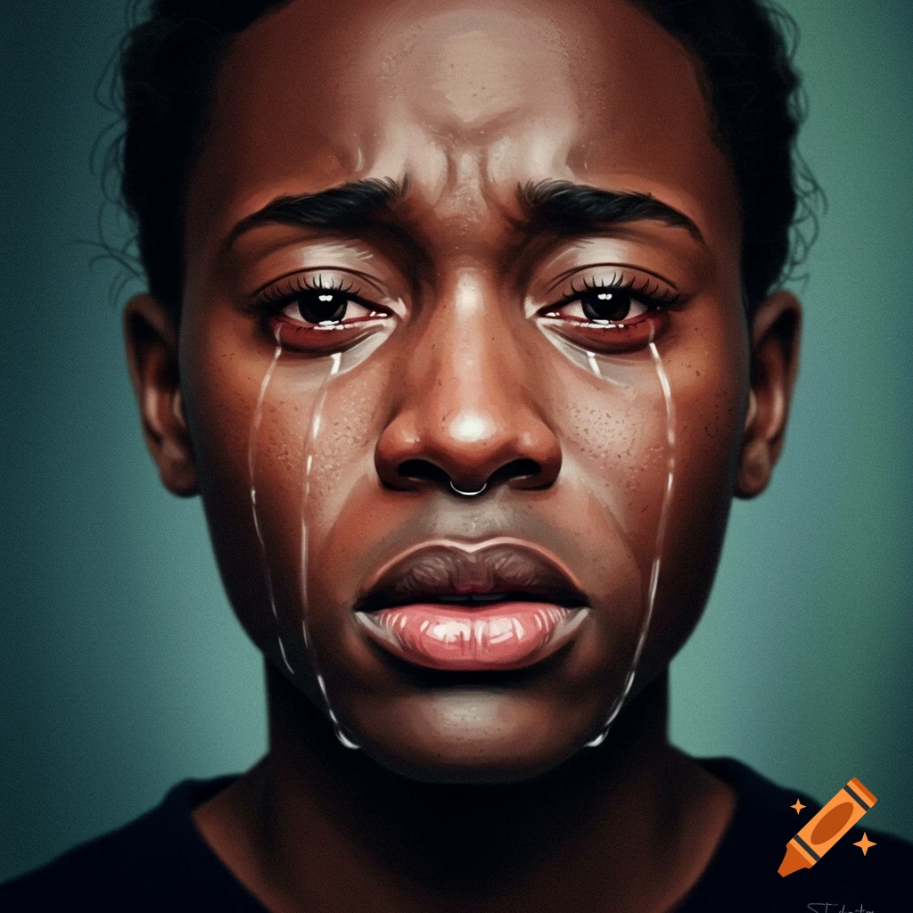Close-up portrait of a dark-skinned person crying with tears streaming down their face, in an illustrative style.