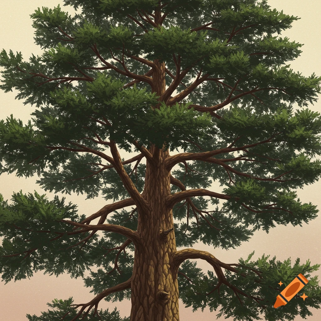 Detailed illustration of a pine tree with a thick trunk and spreading branches against a plain light background.
