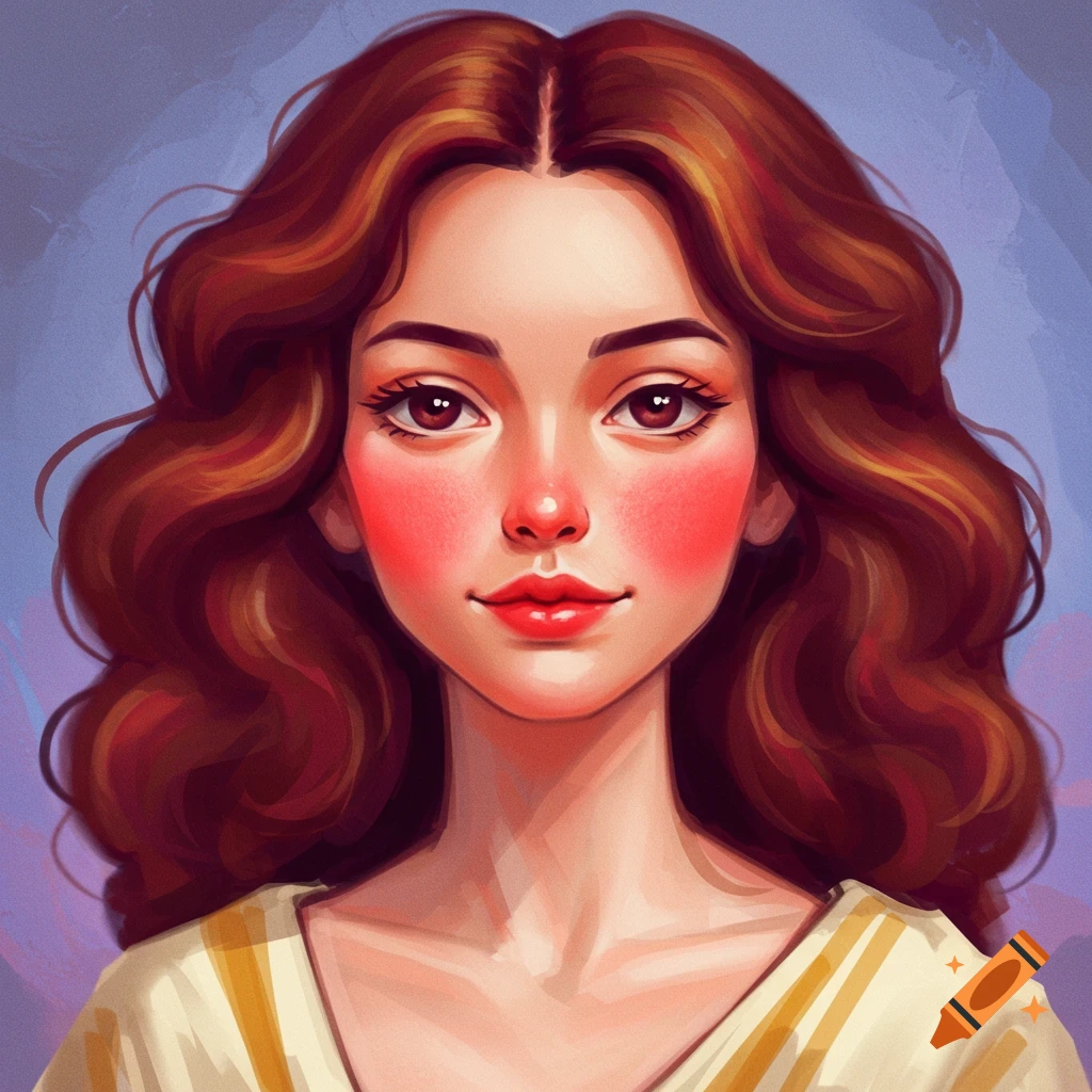 Close-up stylized digital art portrait of a young woman with long wavy brown hair and rosy cheeks.