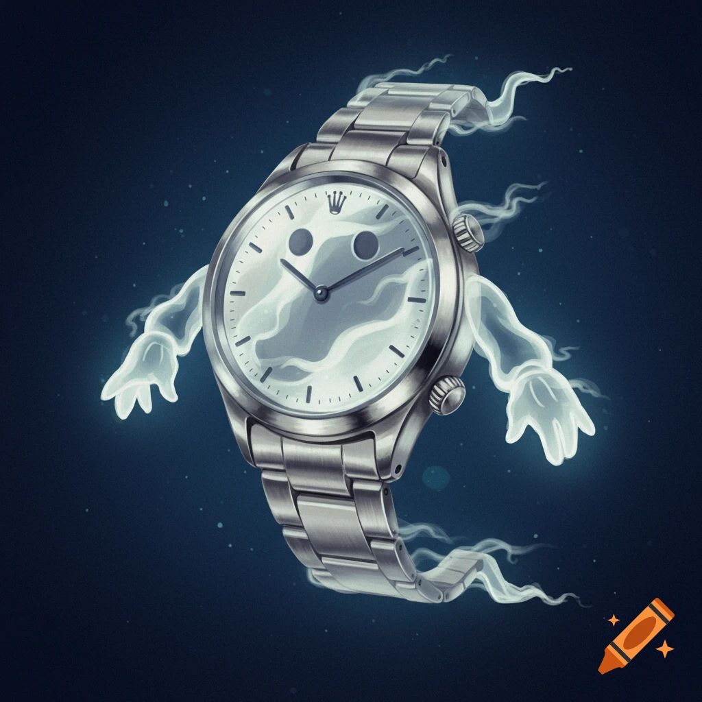 A whimsical silver wristwatch character with a happy ghost face on its dial and ghostly arms and tail, floating against a dark blue background.