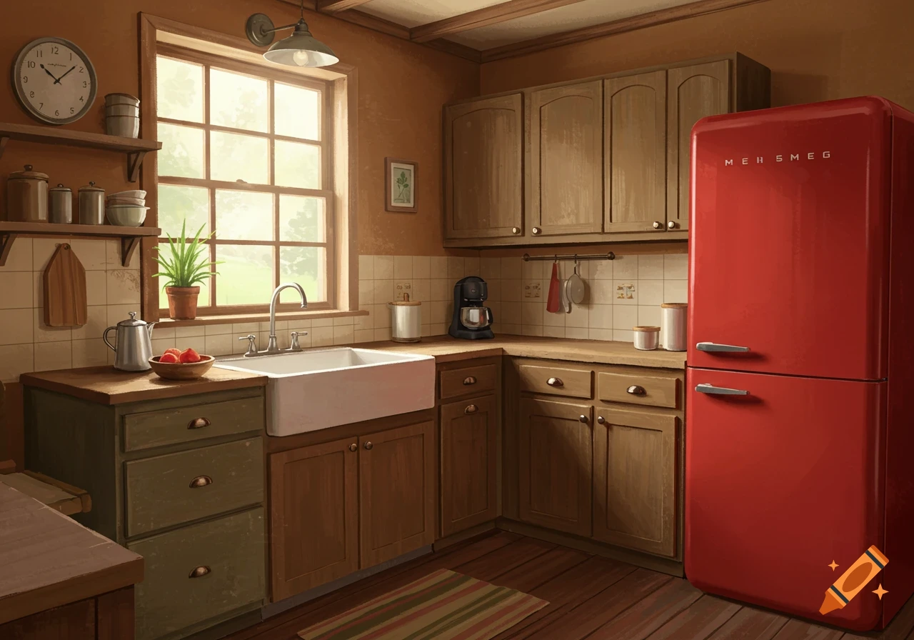 A rustic kitchen with caramel walls, a bright window, a white farmhouse sink, wooden cabinets, and a prominent red refrigerator.