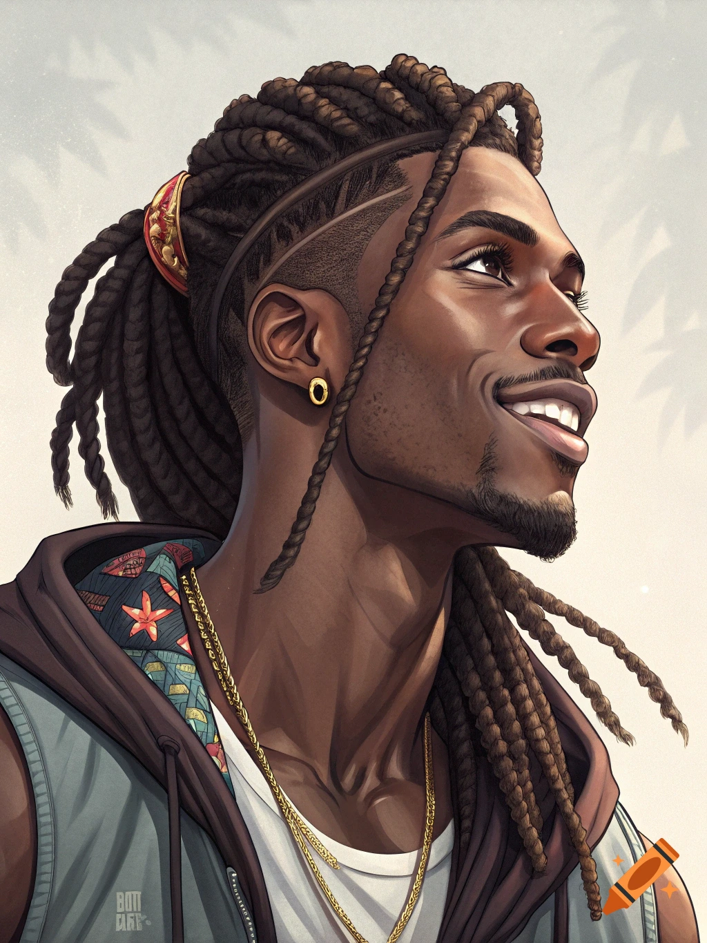 Detailed portrait of a Black man with braided hair, a stylish haircut, and a beard, smiling and looking up.