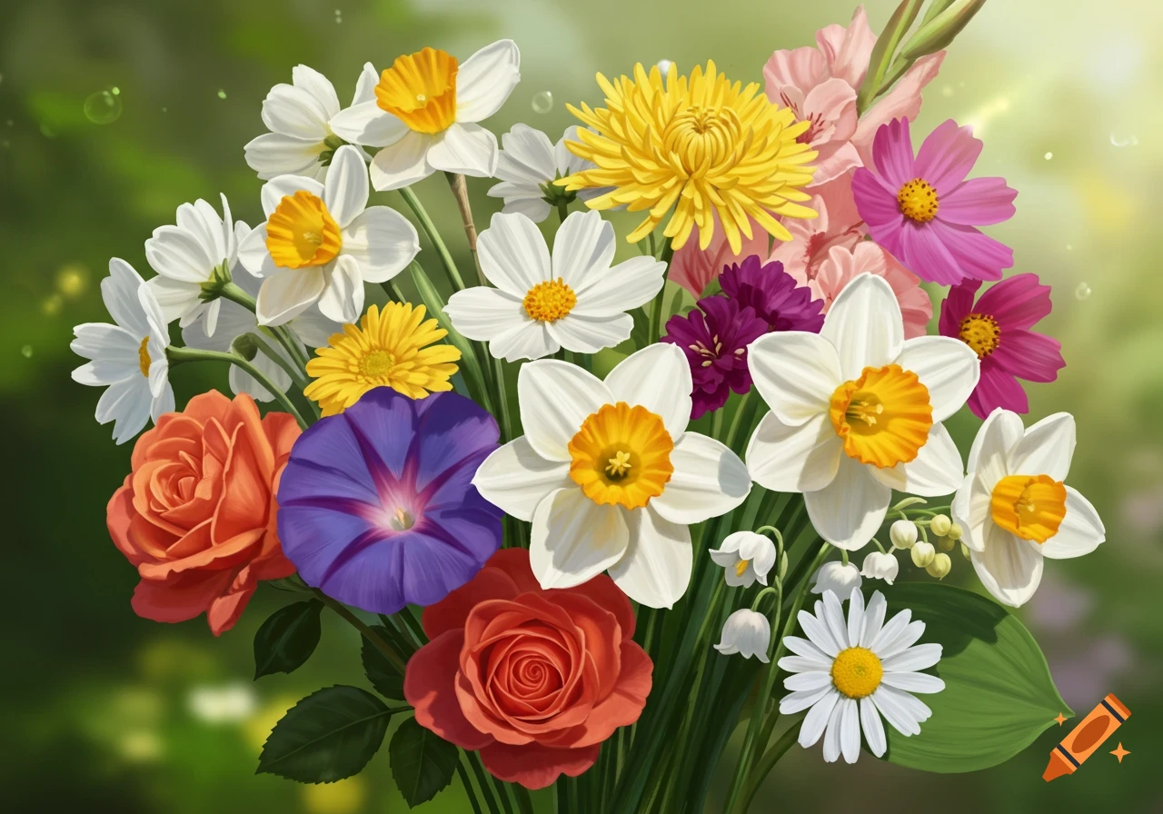 A vibrant bouquet of colorful flowers including white daffodils, orange roses, purple morning glories, yellow chrysanthemums, pink cosmos, and white daisies.