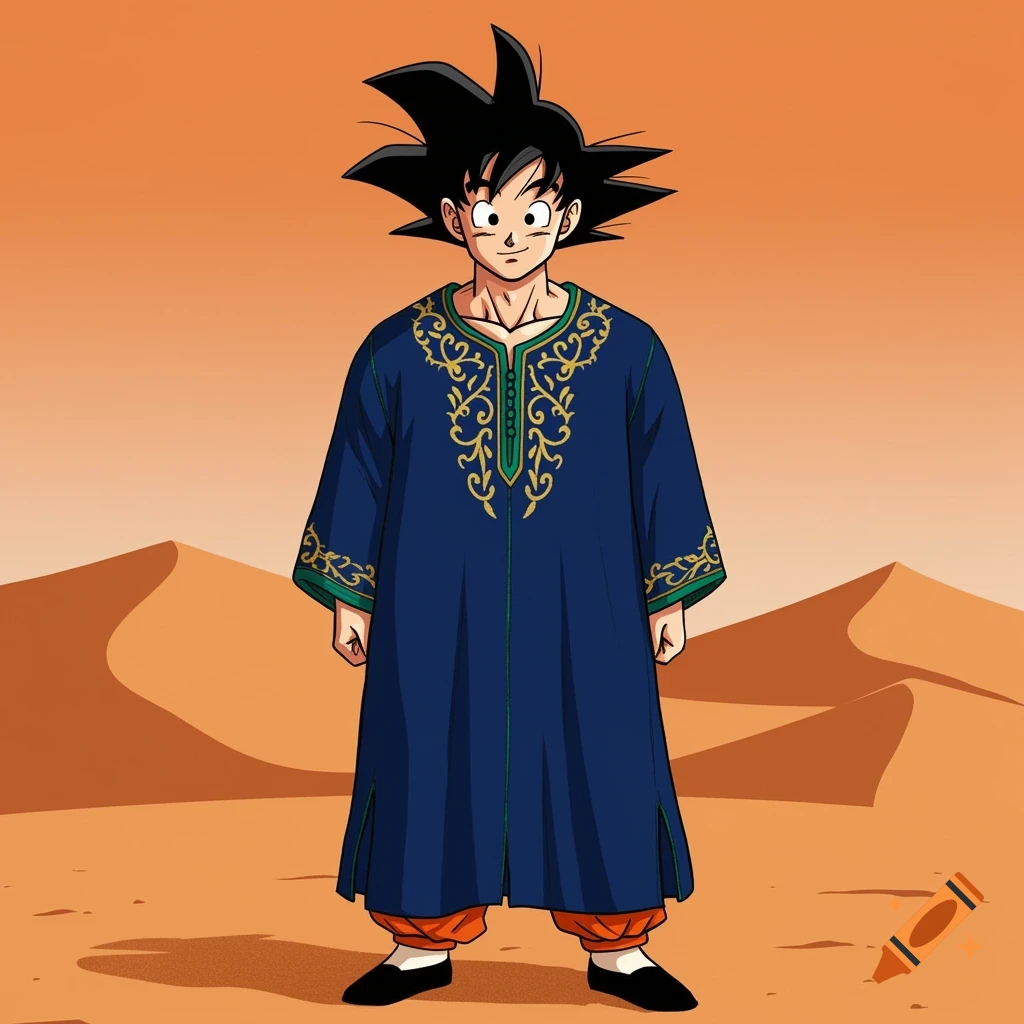 Goku, an anime character, wearing a blue jilbab with gold embroidery, standing in a desert.
