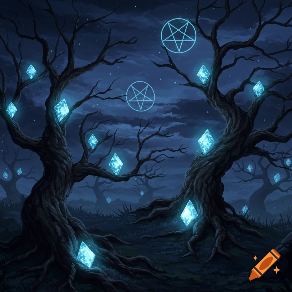 Glowing blue diamonds on twisted trees under a night sky with floating pentagrams, in a dark fantasy style.