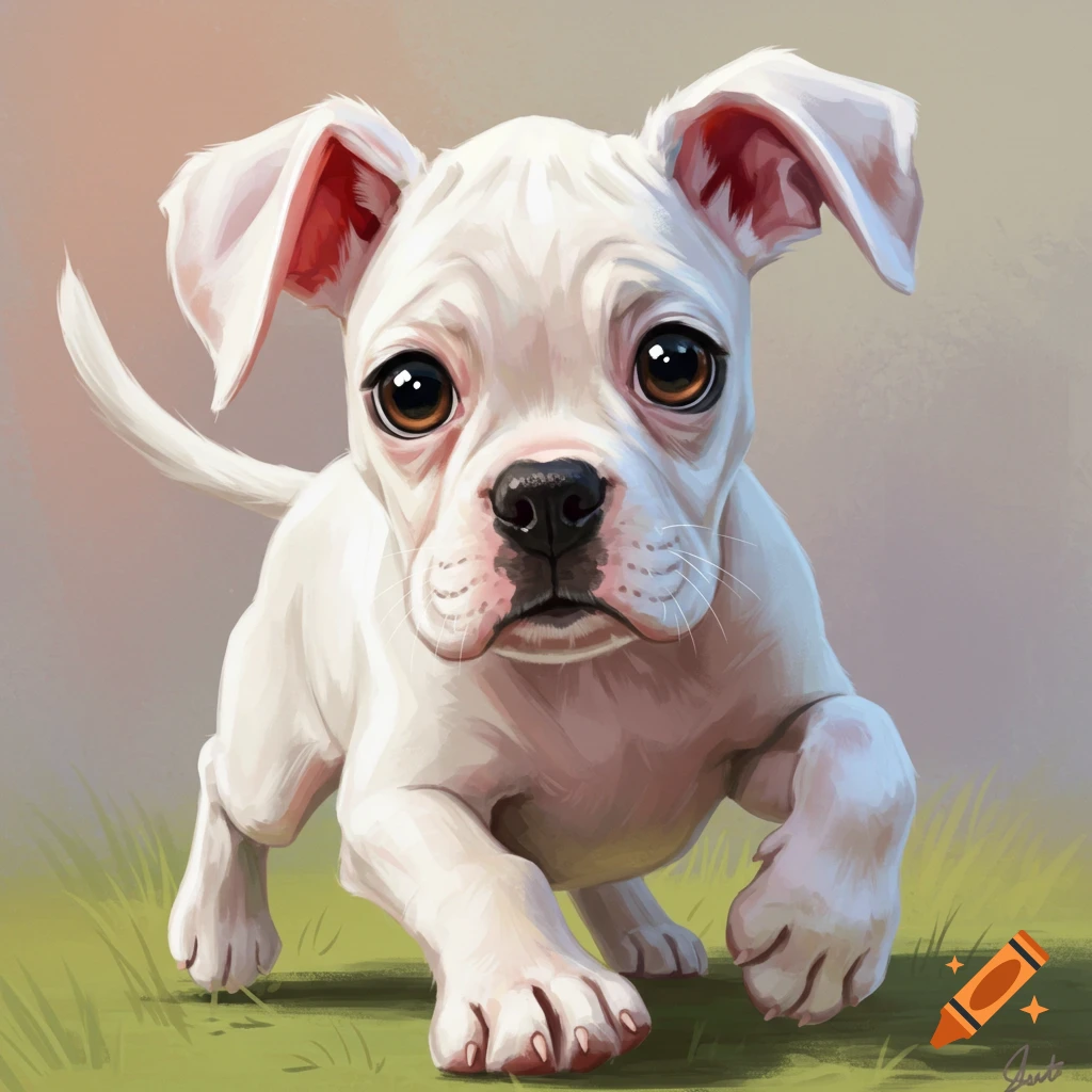 A cute white boxer dog puppy with large brown eyes runs on green grass in a painterly style.