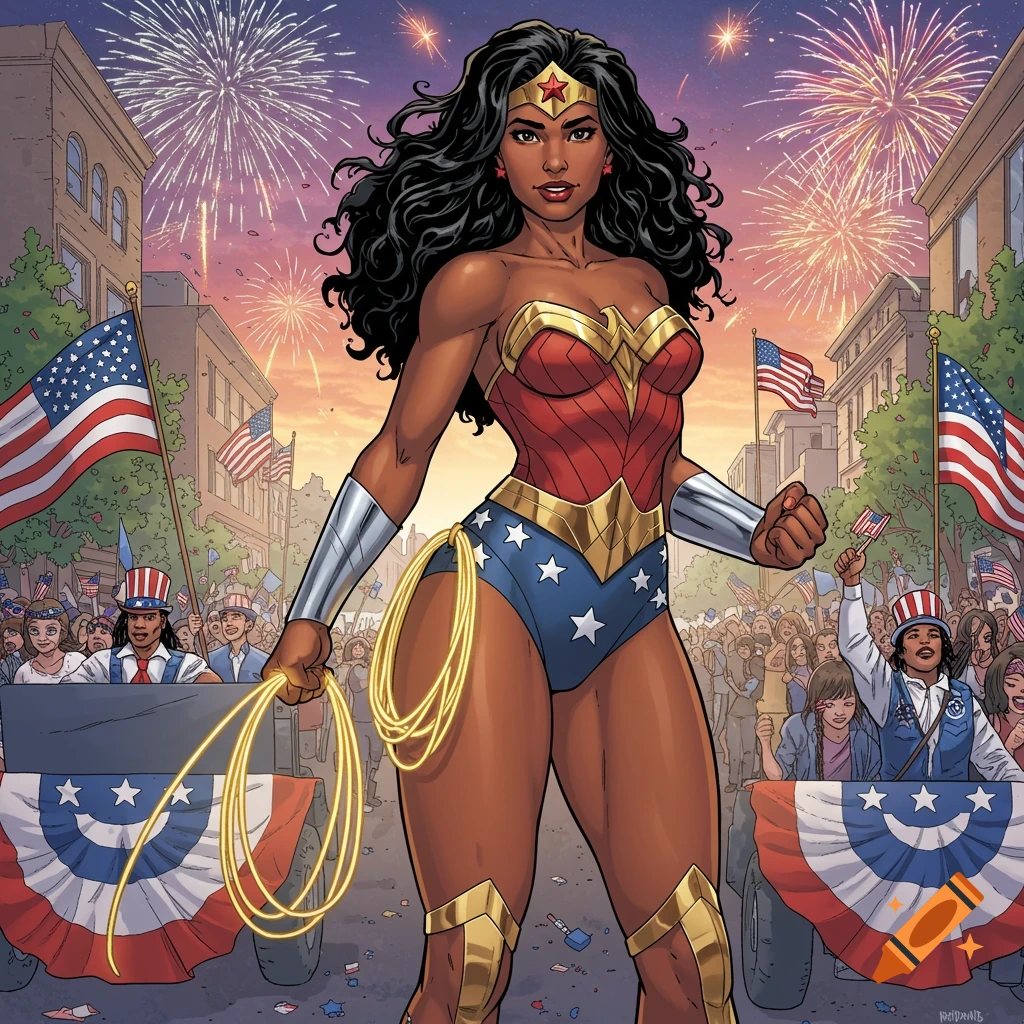 A comic illustration of Black Wonder Woman standing in a street during a 4th of July celebration with fireworks and American flags.
