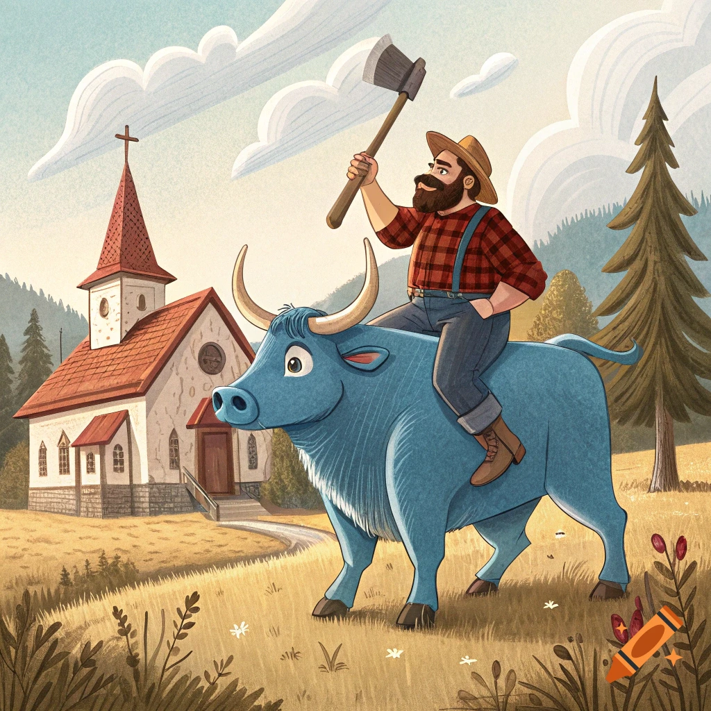 A cartoon illustration of a bearded lumberjack holding an axe while riding a giant blue ox past a church in a rural landscape.